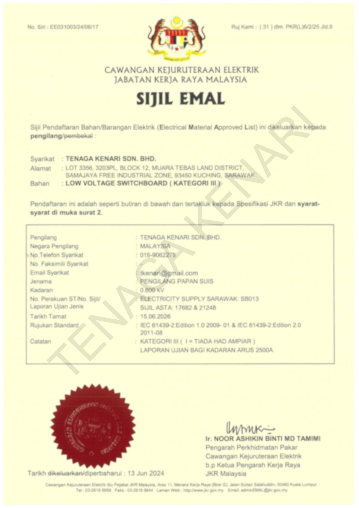 Sijil Emal by Jabatan Kerja Raya Malaysia for Tenaga Kenari Sdn. Bhd.