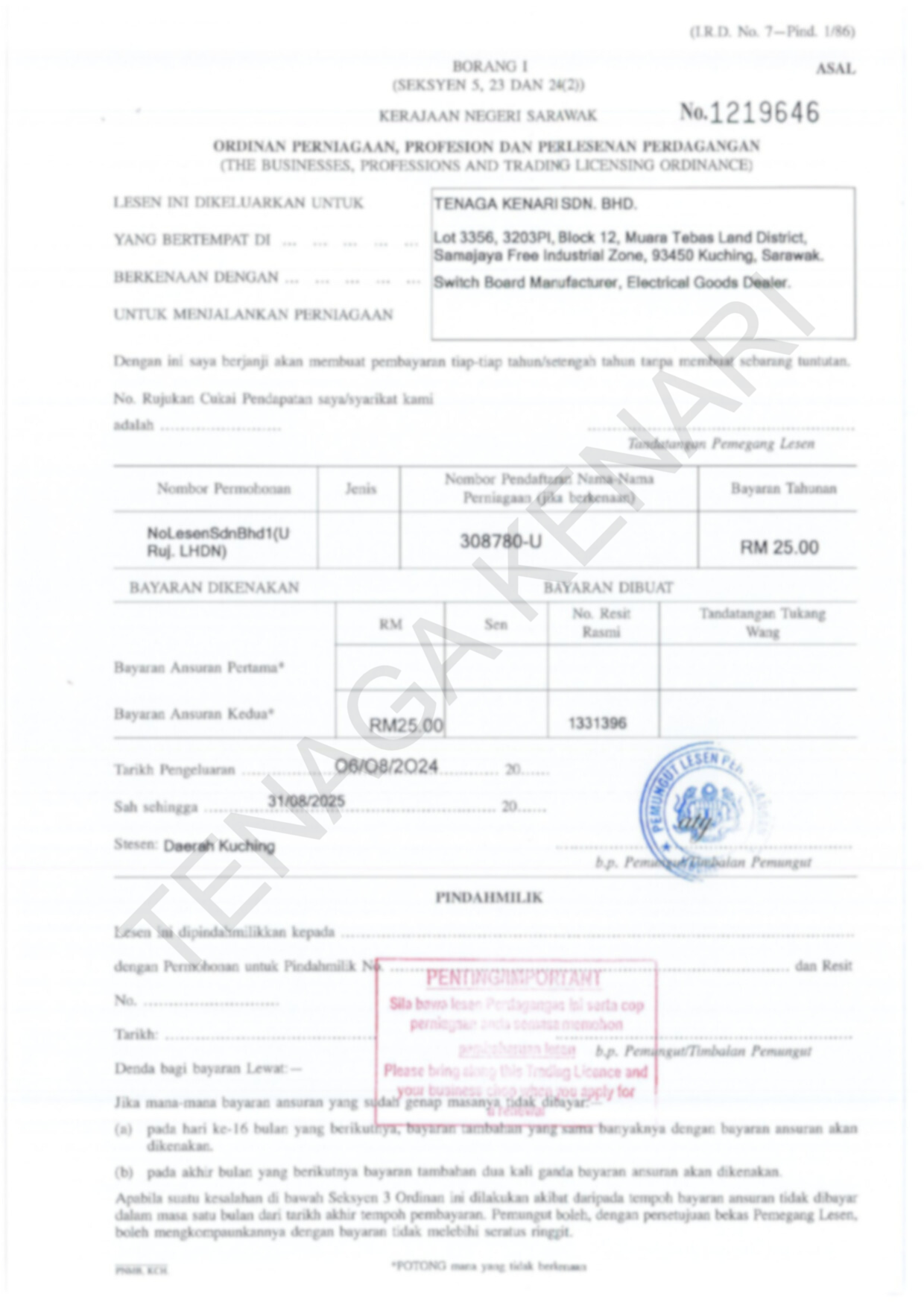The businesses, professions and trading licensing ordinance for Tenaga Kenari Sdn. Bhd.