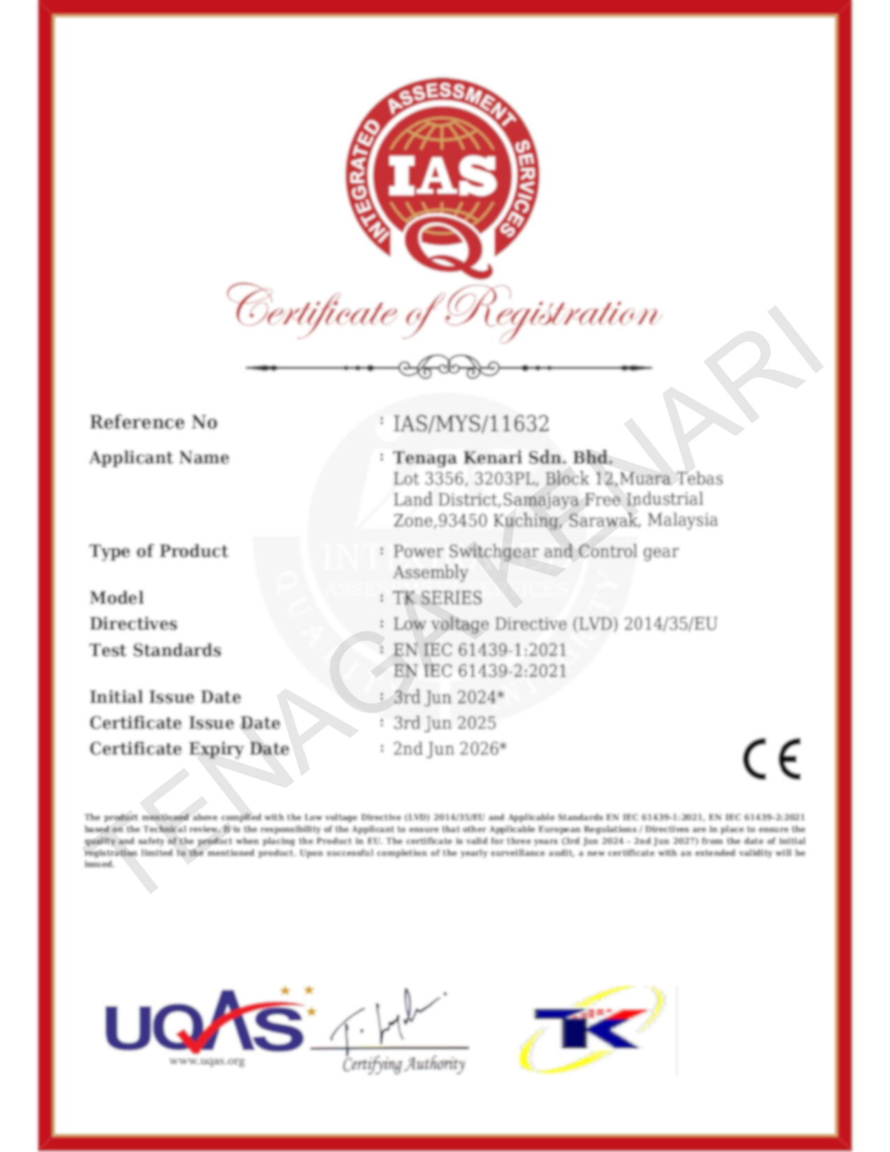 Certificate of registration by Integrated Assessment Services for Tenaga Kenari Sdn. Bhd.