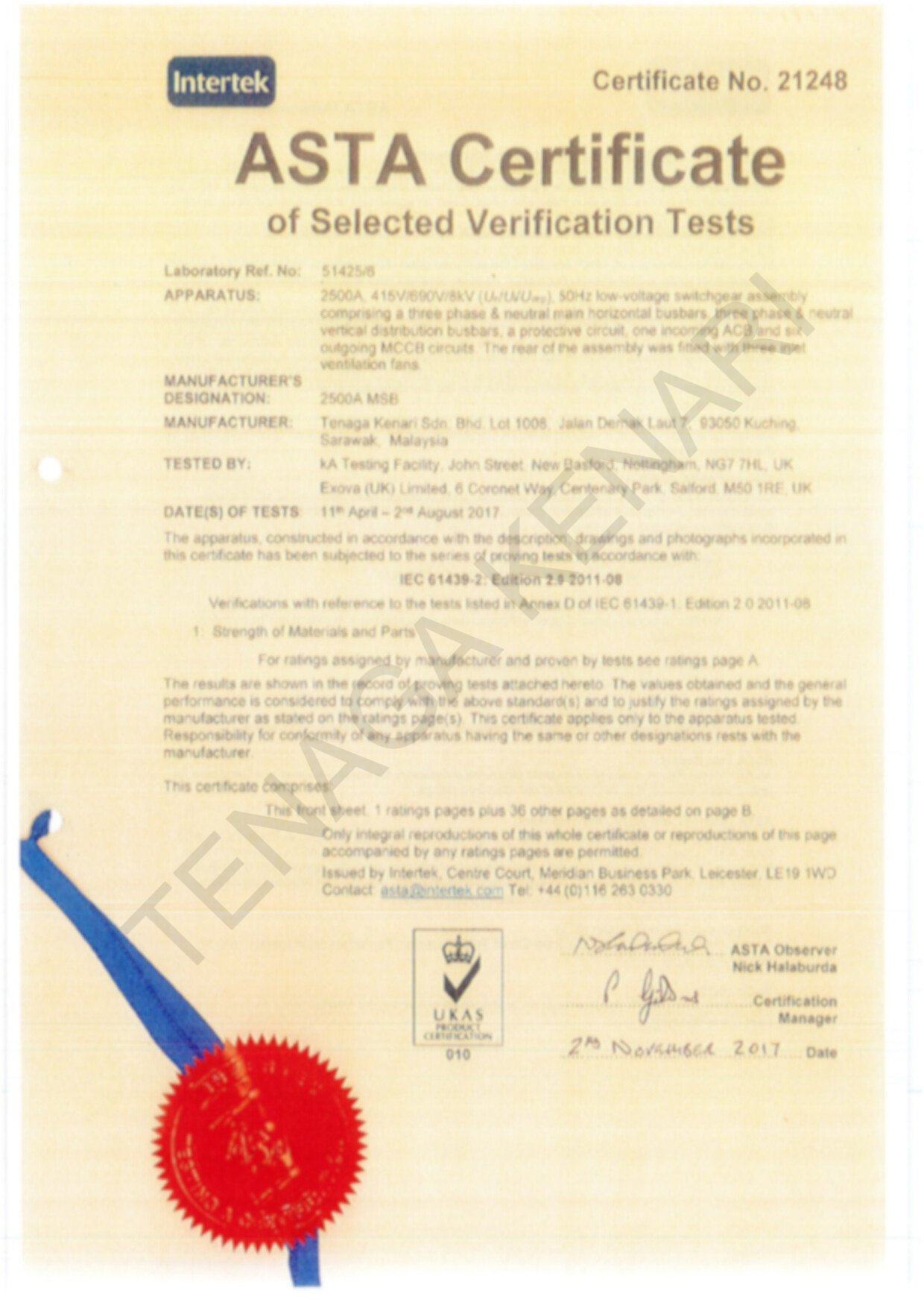 ASTA Certificate No. 21248 by Intertek for Tenaga Kenari Sdn. Bhd.
