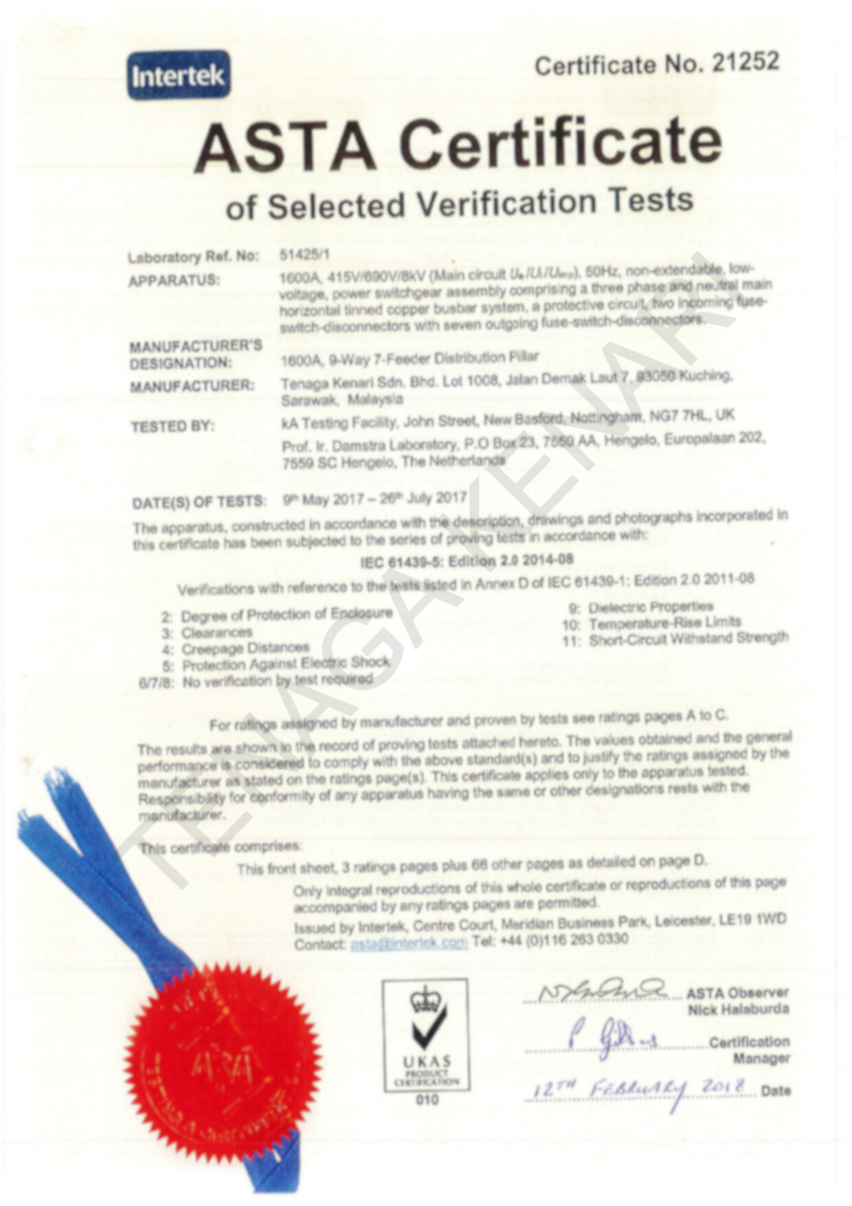 ASTA Certificate No. 21252 by Intertek for Tenaga Kenari Sdn. Bhd.