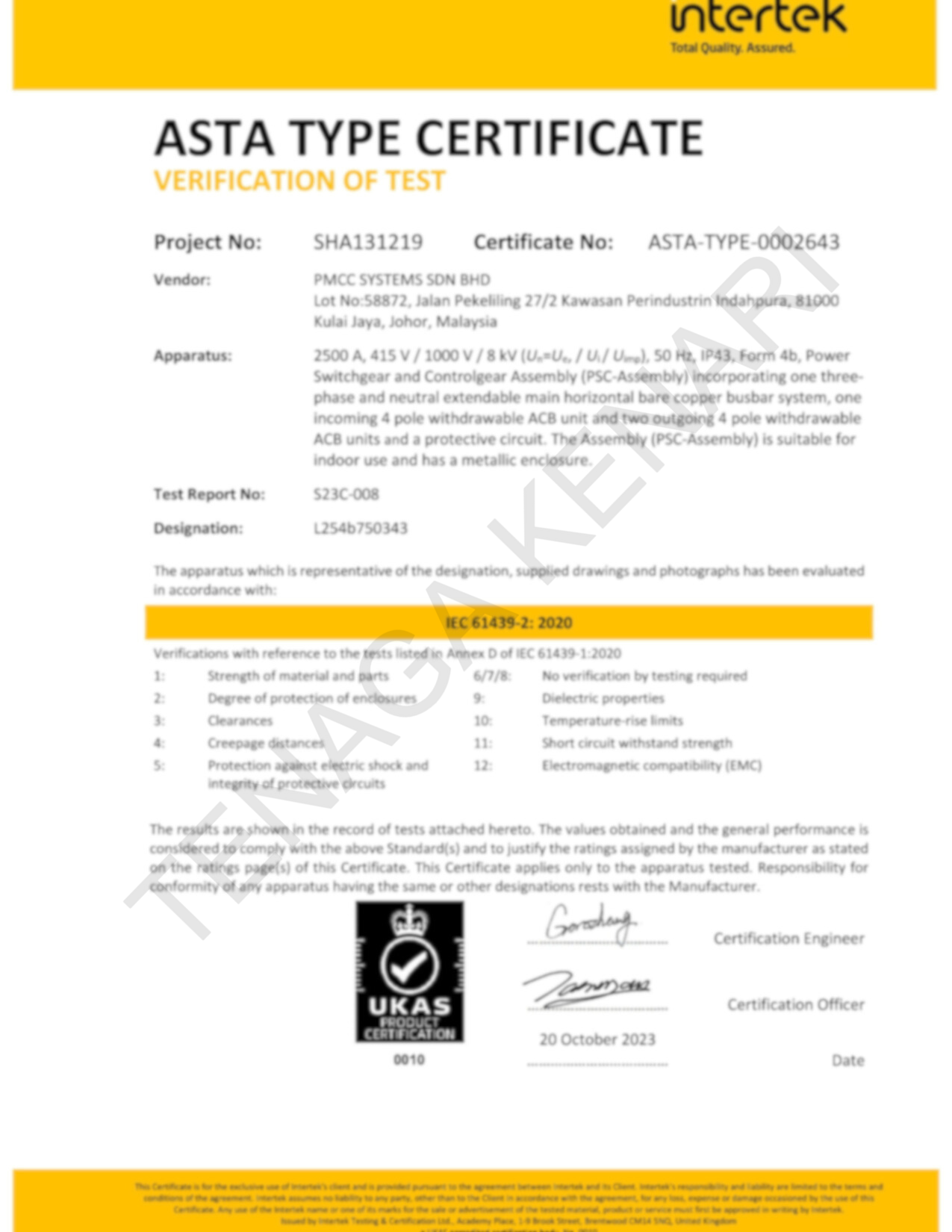 ASTA Certificate No. ASTA-TYPE-0002643 by Intertek for Tenaga Kenari Sdn. Bhd.