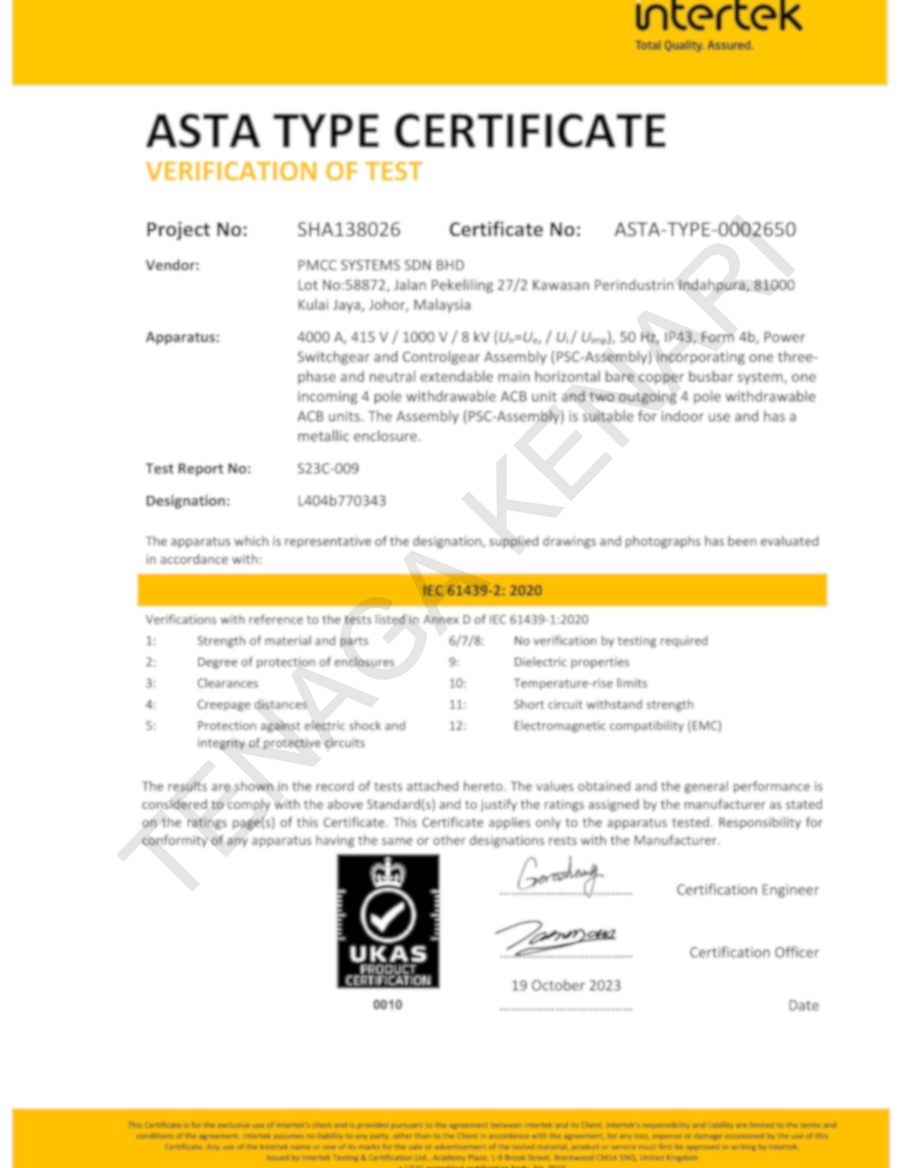 ASTA Certificate No. ASTA-TYPE-0002650 by Intertek for Tenaga Kenari Sdn. Bhd.