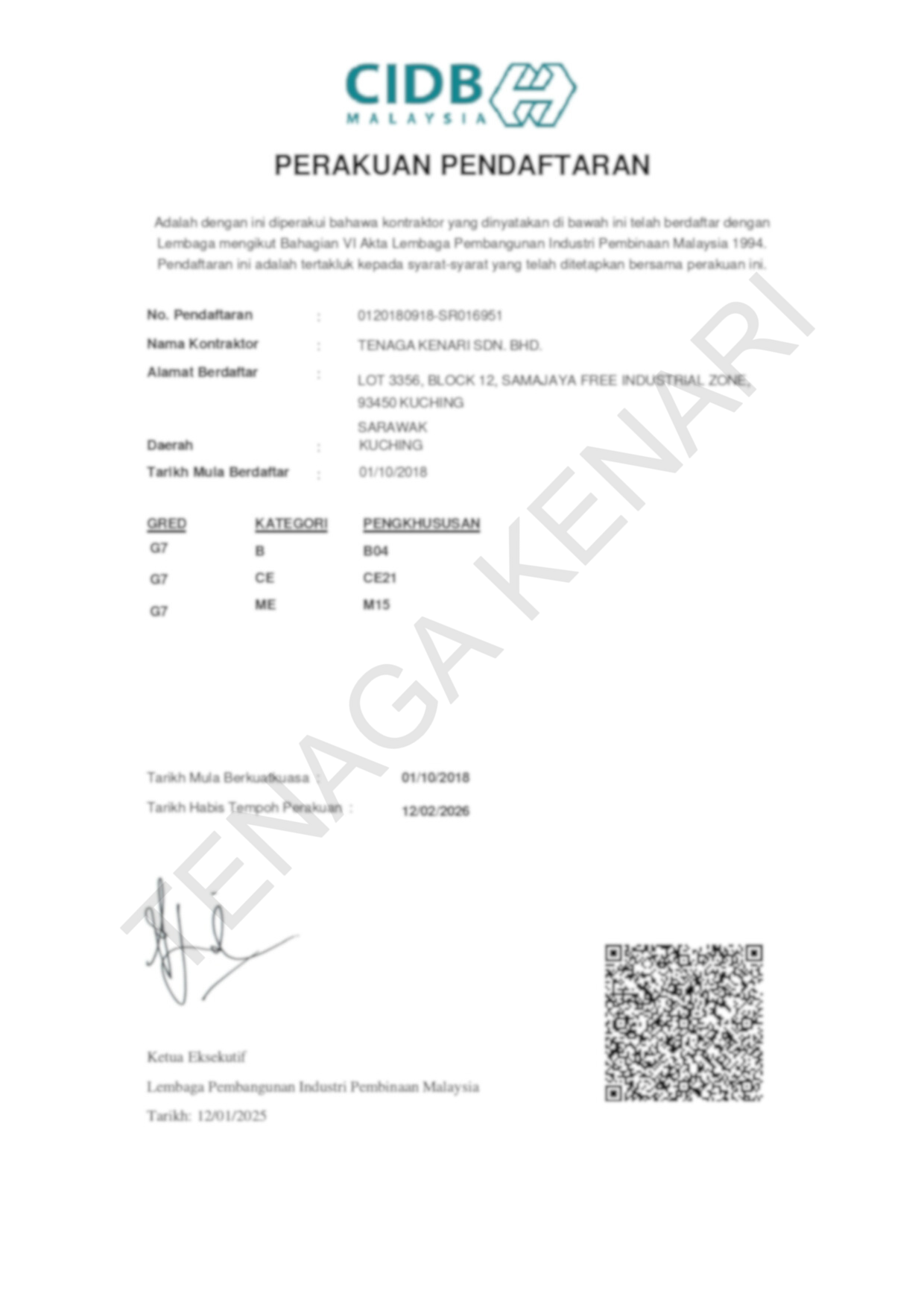 Certificate of registration by CIDB Malaysia for Tenaga Kenari Sdn. Bhd.