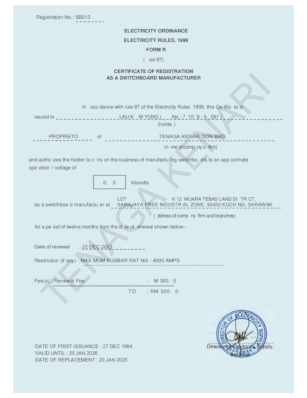 Certificate of registration as a switchboard manufacturer for Tenaga Kenari Sdn. Bhd.
