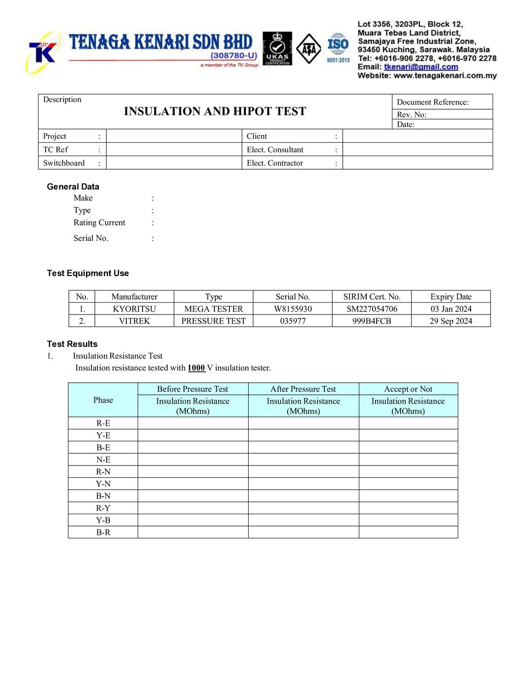 Insulation & HIPOT Test Form 2
